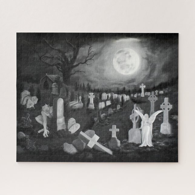 Quebra-cabeça À noite no cemitério - Anjo com o Diabo (Horizontal)
