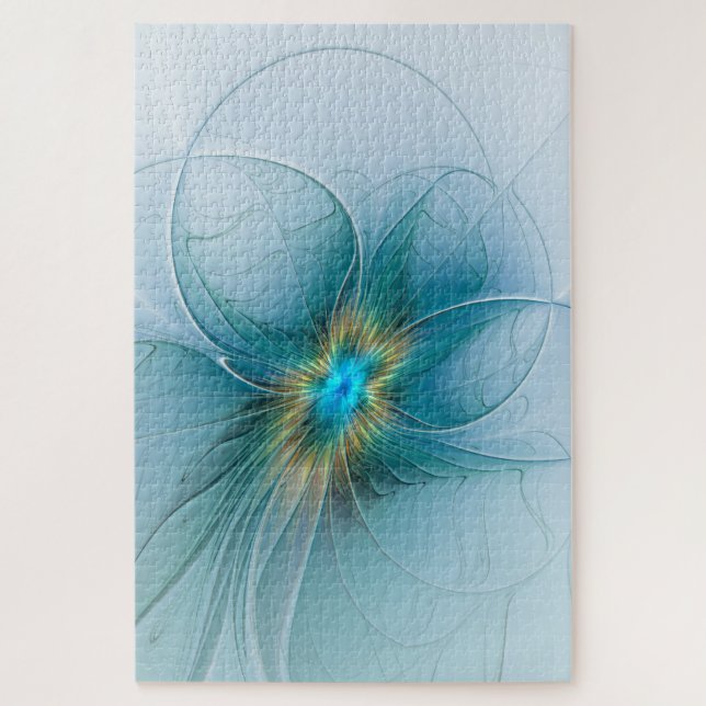 Quebra-cabeça A pequena Bela Flor Fractal Dourada Azul Moderna (Vertical)
