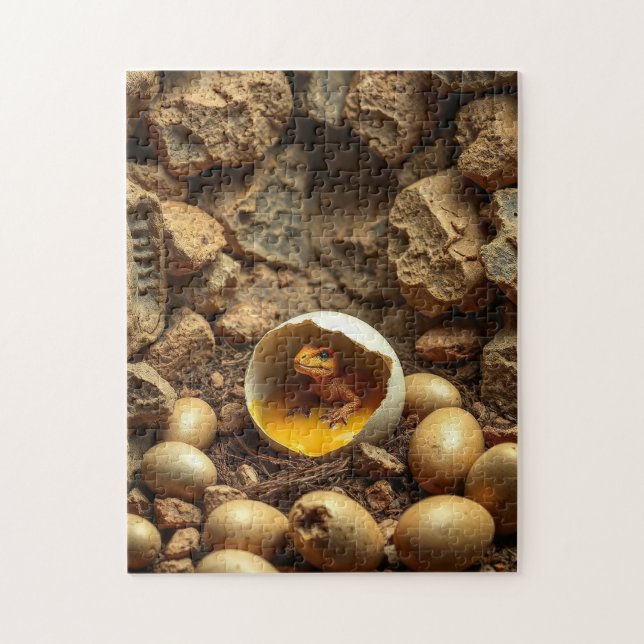 Quebra-cabeça a tiny dinosaur in a nest of eggs (Vertical)