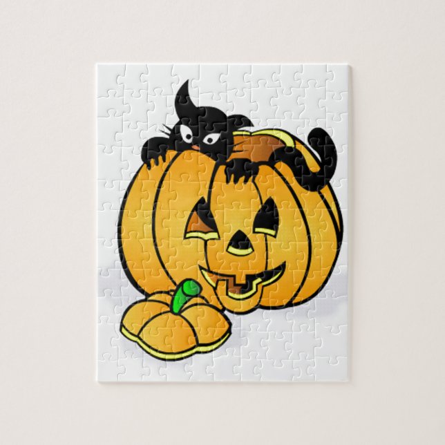 Quebra-cabeça Abóbora de Halloween com Gato Negro (Vertical)