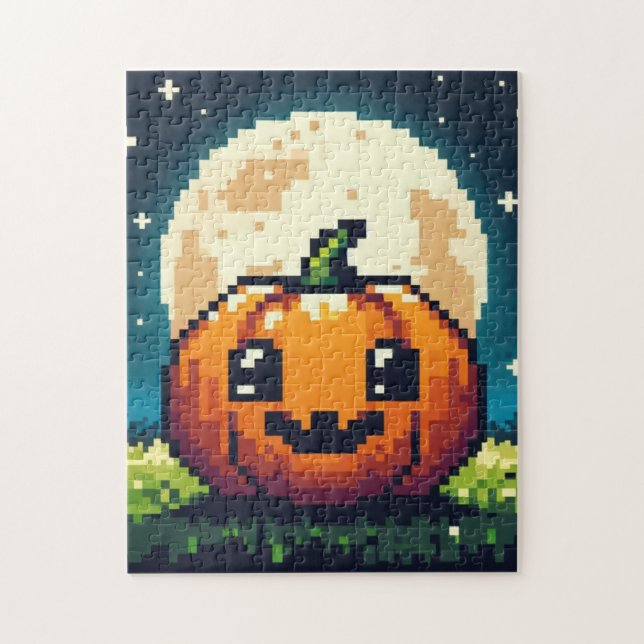 Quebra-cabeça Abóbora de Halloween de 8 bits sob a lua (Vertical)