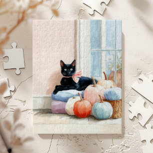 Quebra-cabeça Abóbora Pastel Outono Aconchegante Gato Preto