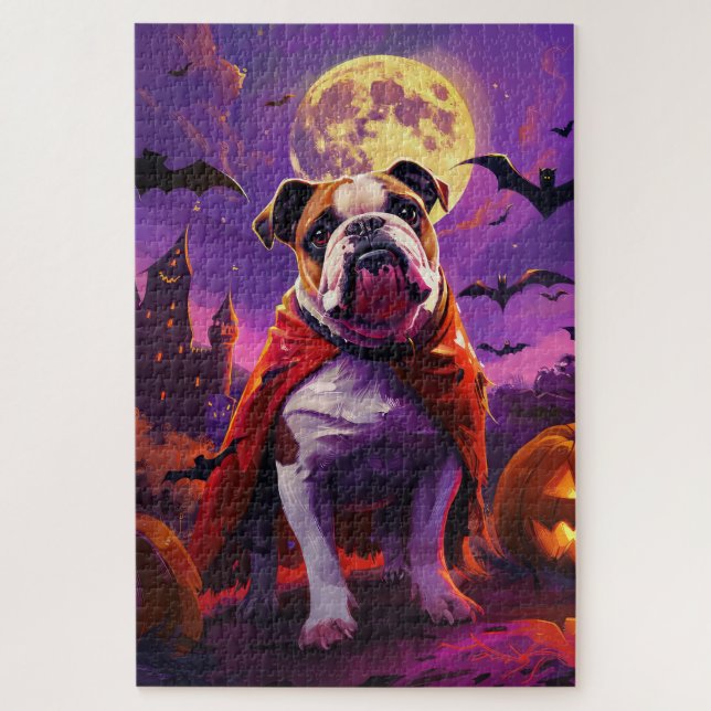 Quebra-cabeça Abóbora Vampira Bulldog Assustadora de Halloween (Vertical)