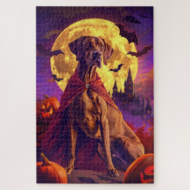 Quebra-cabeça Abóbora Vampira Vizsla de Halloween Assustadora (Vertical)