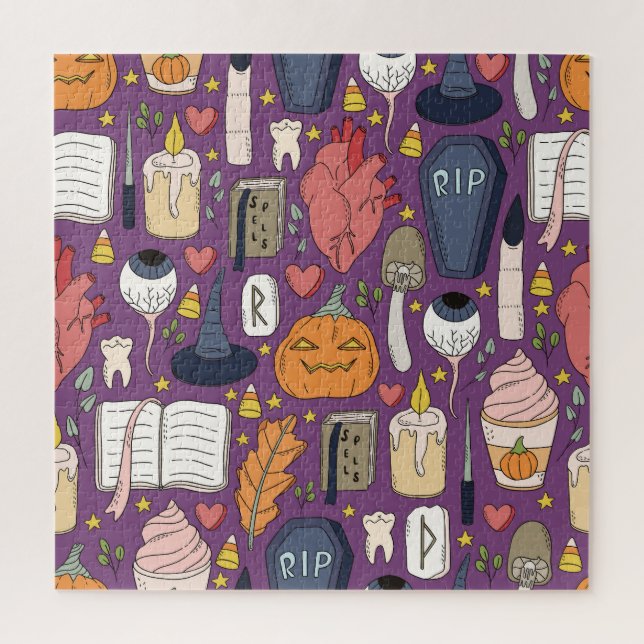 Quebra-cabeça Abóboras de Halloween, padrão contínuo de bruxa. (Vertical)