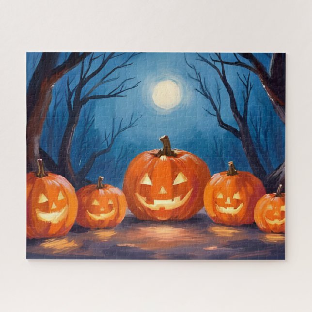 Quebra-cabeça Abóboras de Jack-O-Lanterns de Halloween Aquarela (Horizontal)
