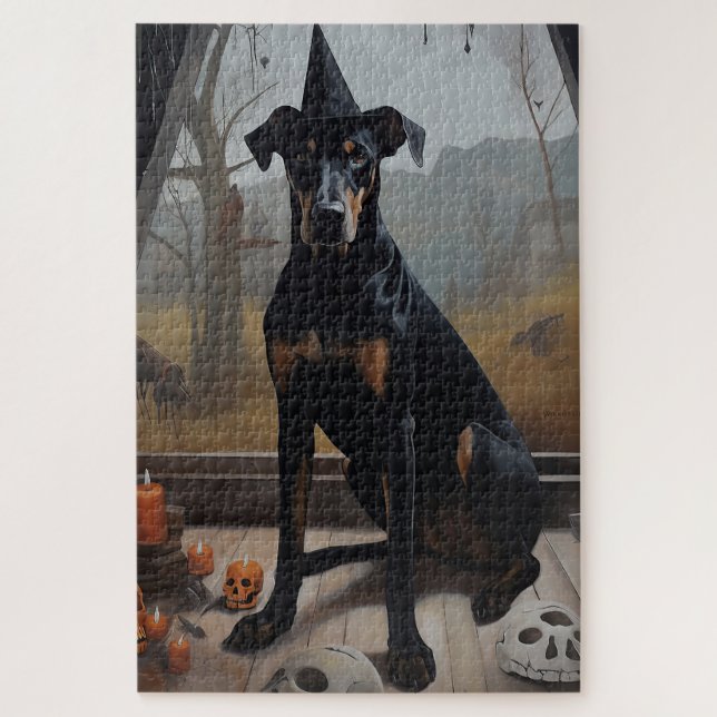 Quebra-cabeça Abóboras Doberman Halloween Assustador (Vertical)