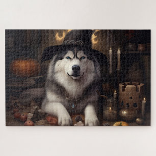Quebra-cabeça Abóboras Malamute do Alasca Dia das Bruxas Assusta