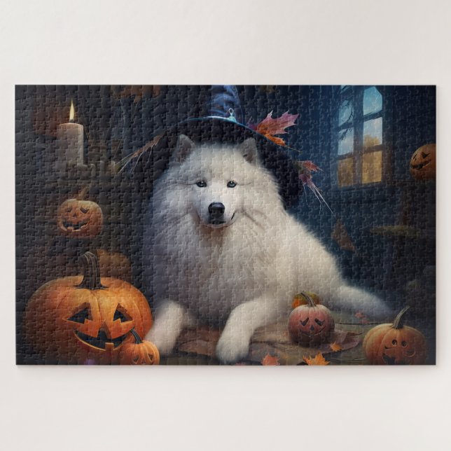 Quebra-cabeça Abóboras Samoyed Halloween Assustador (Horizontal)