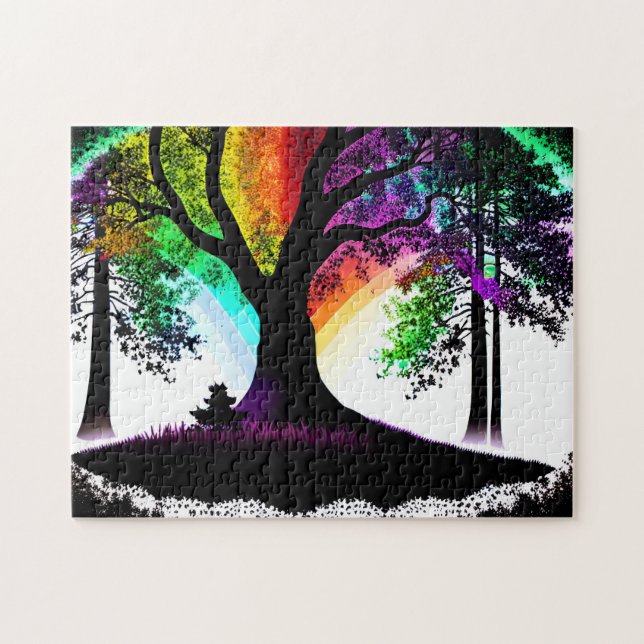 Quebra-cabeça Abstrato Black Silhouette Trees e Folhas Coloridas (Horizontal)