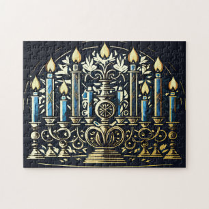 Quebra-cabeça Abstrato - Desenho de Menorah Dourado Azul