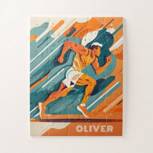 Quebra-cabeça Abstrato desportista fugitivo. Atividade de execuç