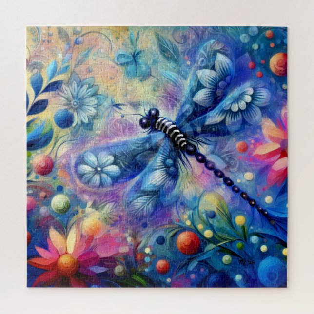 Quebra-cabeça Abstrato Dragonfly Floral Teal Azul Cor-de-rosa (Vertical)