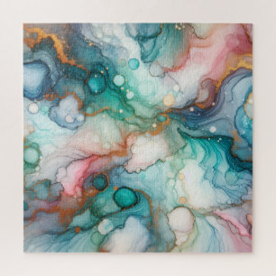 Quebra-cabeça Abstrato em Rosa, Azul Claro, Azul e Dourado