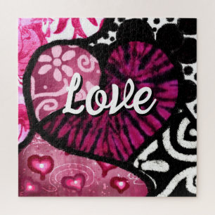 Quebra-cabeça Abstrato Love Heart Pink Floral Bolinhas Pretas