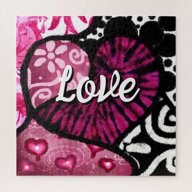 Quebra-cabeça Abstrato Love Heart Pink Floral Bolinhas Pretas (Vertical)