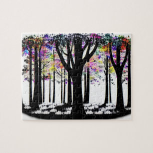 Quebra-cabeça Abstrato Rainbow Confetti na Floresta Silhouette