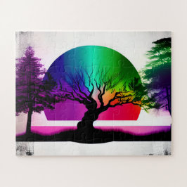 Quebra-cabeça Abstrato Rainbow Por Trás Da Árvore Florestal Silh