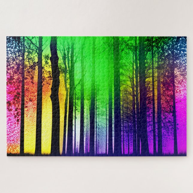 Quebra-cabeça Abstrato Rainbow Silhouette Trees na Floresta (Horizontal)