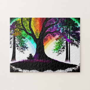 Quebra-cabeça Abstrato Rainbow Sky Black and White Silhouettes