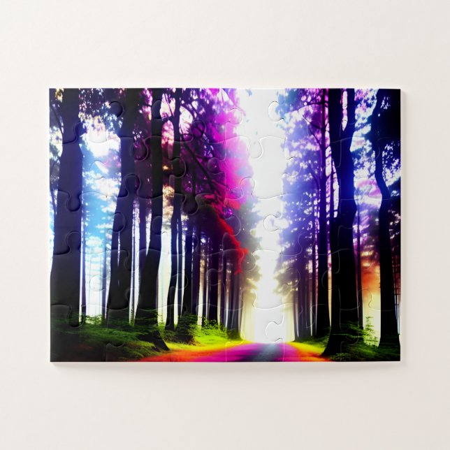 Quebra-cabeça Abstrato Rainbow Sunlight Através da Floresta (Horizontal)