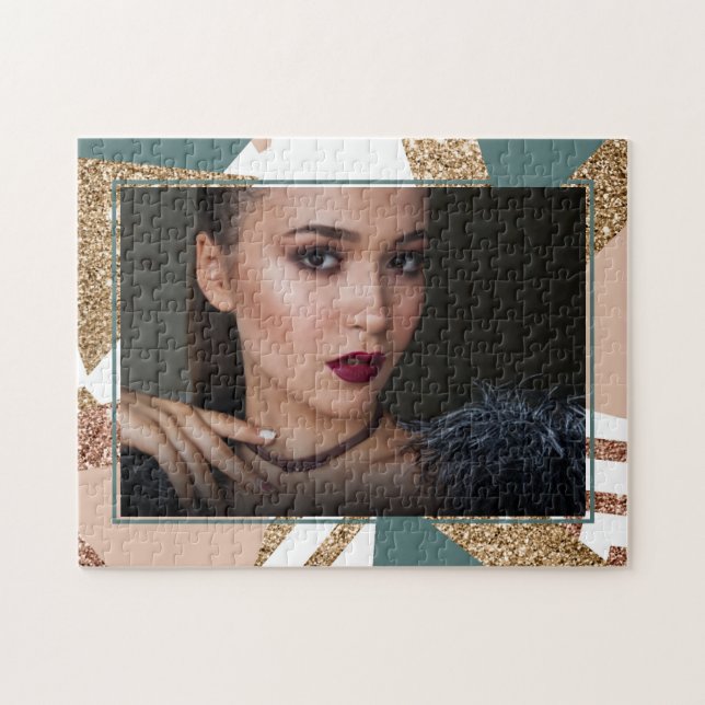 Quebra-cabeça abstrato retroativo 80s | Foto verde e Dourada dos (Horizontal)