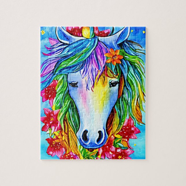 Quebra-cabeça Abstrato unicórnio Flores de rosto aquarela Arte (Vertical)