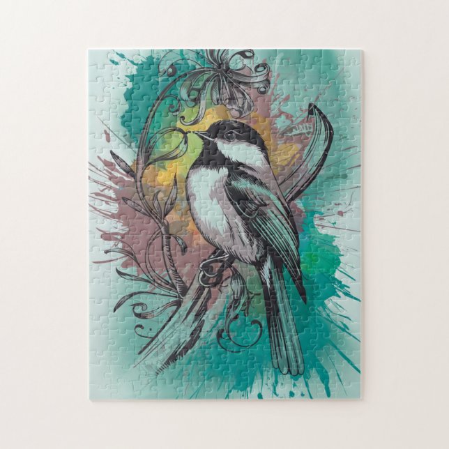 Quebra-cabeça Abstrato Watercolor Chickadee - Teal (Vertical)