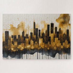 Quebra-cabeça Abstrato Watercolor Painting Dourada Cityscape