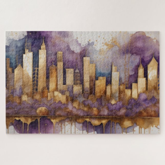 Quebra-cabeça Abstrato Watercolor Painting Dourada Cityscape (Horizontal)