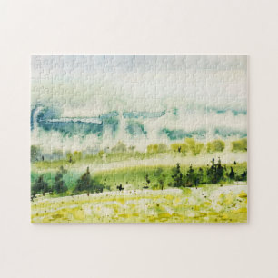 Quebra-cabeça Abstrato Watercolor Paisagem Verde Azul
