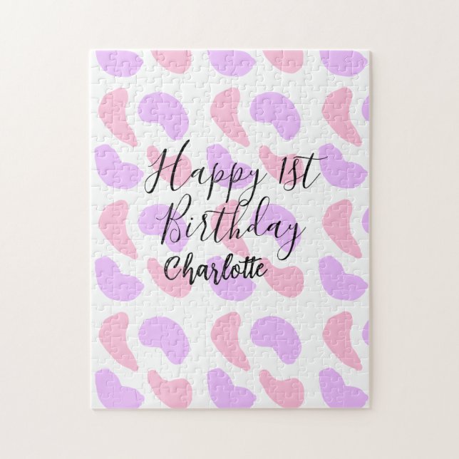 Quebra-cabeça Abstratos roxos cor-de-rosa moldam primeiro aniver (Vertical)