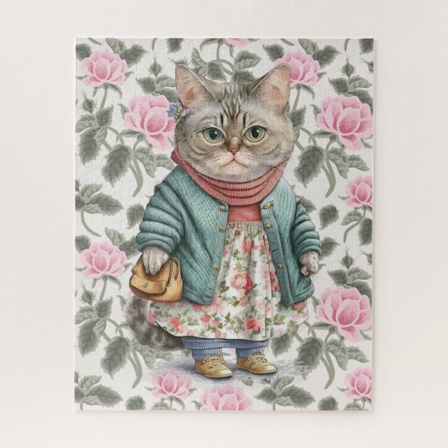 Quebra-cabeça Abuela Gata Lindo Suéter con Delantal Floral Rosa (Vertical)