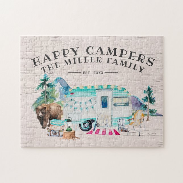 Quebra-cabeça Acampadores Felizes | Nome da Família Camping (Horizontal)