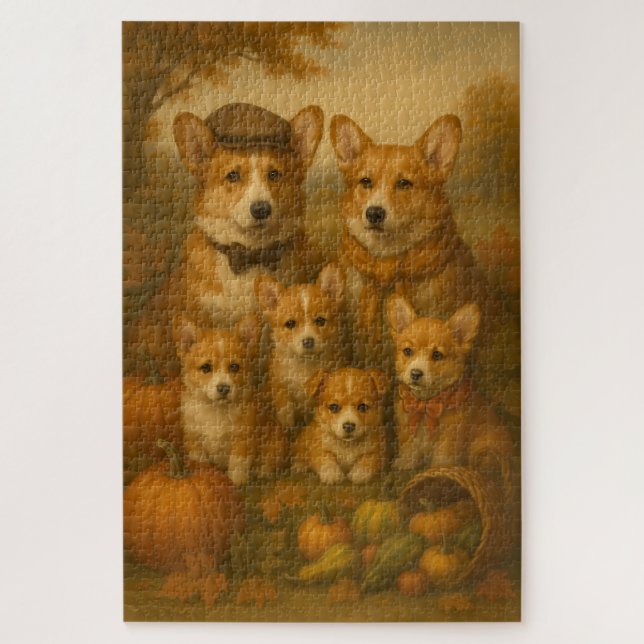 Quebra-cabeça Ação de Graças da Família Elegante Corgi (Vertical)