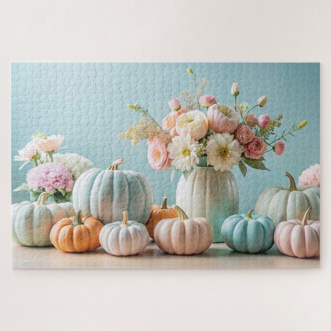 Quebra-cabeça Ação de Graças Pastel Pumpkins e Arranjo Floral (Horizontal)