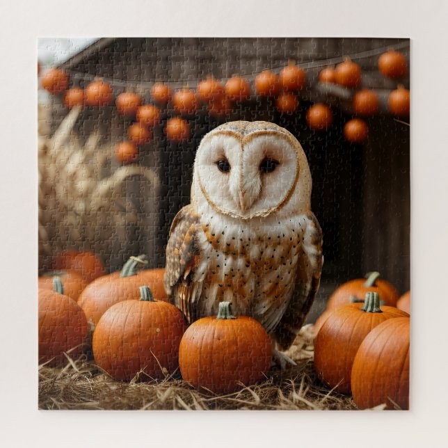 Quebra-cabeça Ação de Graças Pumpkins Harvest Barn Owl (Vertical)