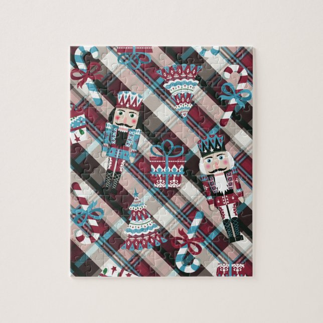 Quebra-cabeça Acrililado de Natal Plaid Azul Burgundy (Vertical)