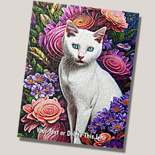 Quebra-cabeça Adicionar Texto de Nome, Gato Branco com Flores de