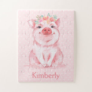 Quebra-cabeça Adorable Watercolor Pink Pig with Name