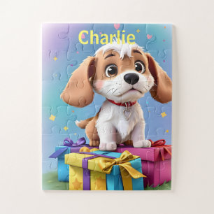 Quebra-cabeça Adorável Cachorrinho Marrom e Branco com Presentes