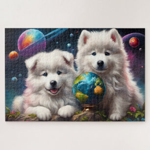 Quebra-cabeça Adorável Fofo Samoyed Puppies, Paz na Terra