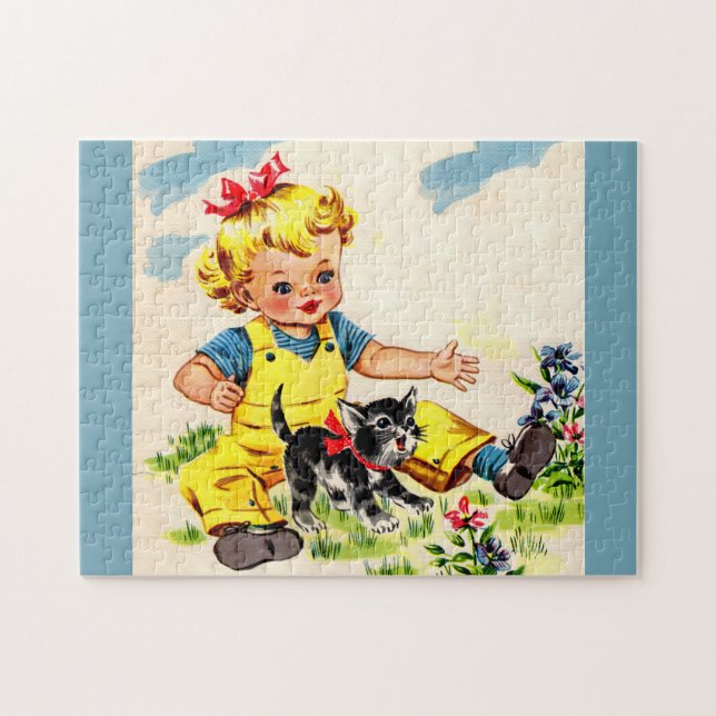 Quebra-cabeça adorável garotinha com adorável gatinha (Horizontal)