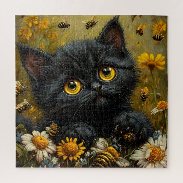 Quebra-cabeça Adorável Gatinho Preto Entre Flores (Vertical)