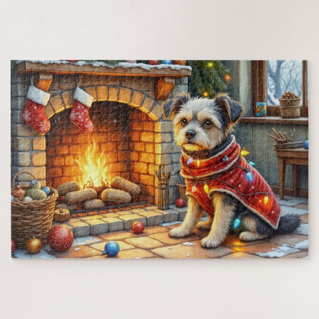 Quebra-cabeça Affenpinscher Sitting Fireplace Christmas Lights (Horizontal)