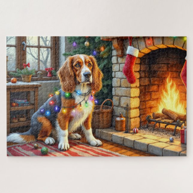 Quebra-cabeça Afghan Hound Fireplace with Christmas Lights (Horizontal)