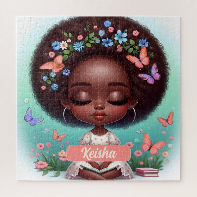 Quebra-cabeça African American Girl personalizada com flores (Vertical)