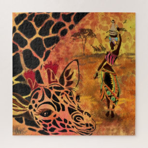 Quebra-cabeça African Girl and Giraffe - Friends - Art Drawing -