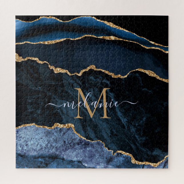 Quebra-cabeça Agate Marinho Blue Gemstone Marble Monograma Nome (Vertical)