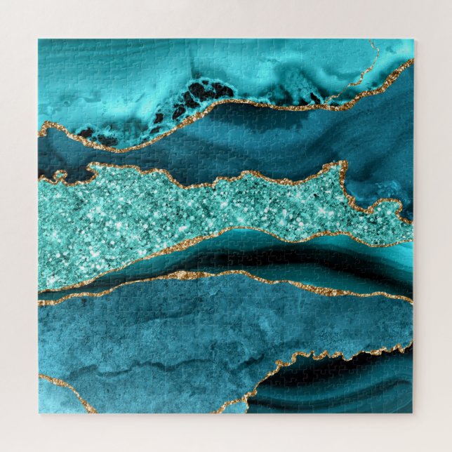 Quebra-cabeça Agate Teal Blue Glitter Marble Aqua Turquoise (Horizontal)